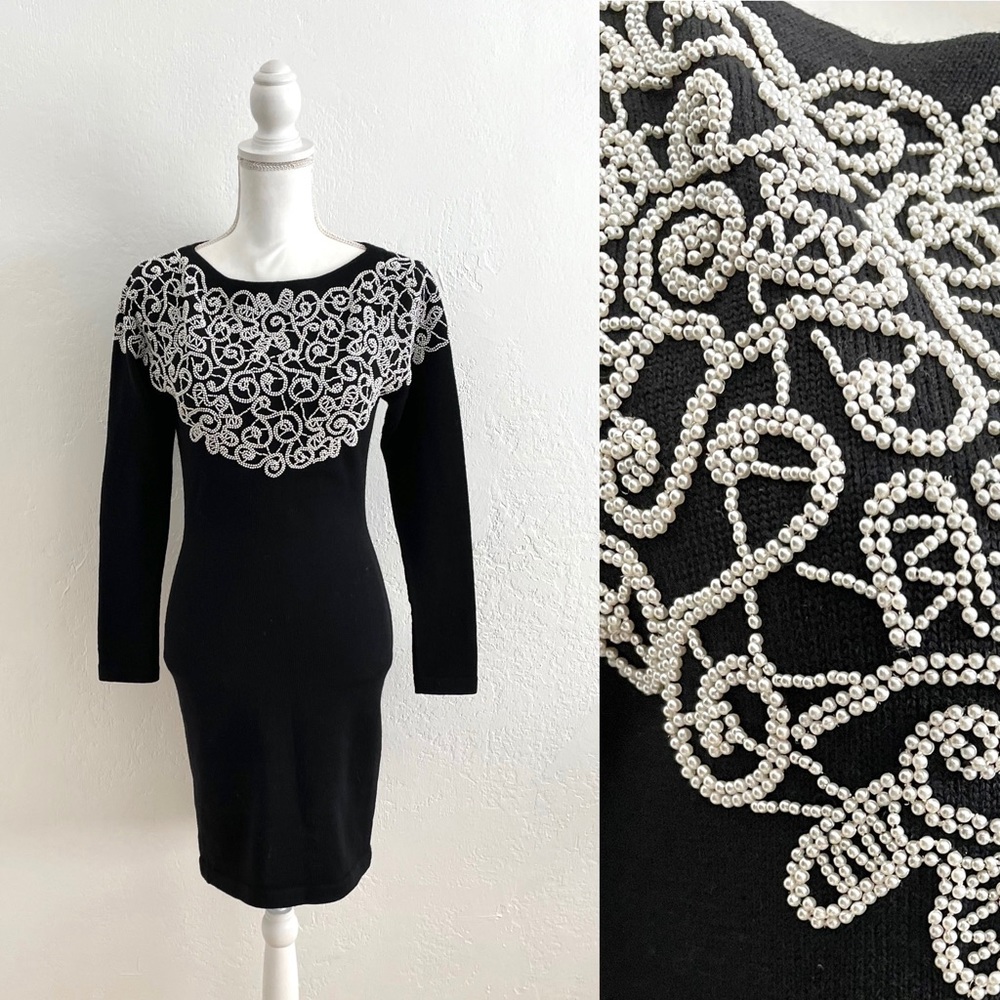 Black Knit Body Con Dress with Pearl Details, C'est Vrai by Norihisa Ota